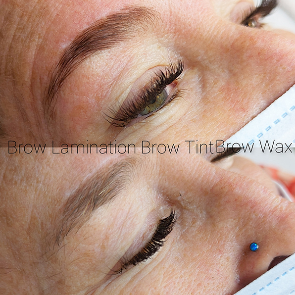 Picture of model with brow lamination, brow tint, and brow wax